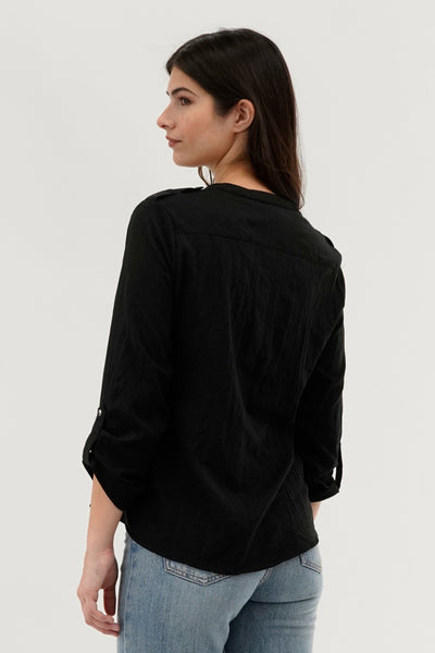 Runaway Bay Roll Up Sleeve Utility Pocket Blouse - Black - Womens Shirts & Blouses - Fairweather