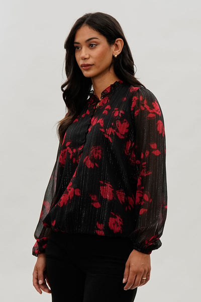 Costa Blanca Floral Sheer Sleeve Blouse - Black - Womens Shirts & Blouses - Fairweather