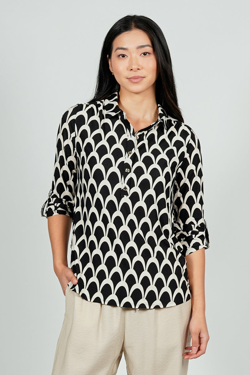 Beechers Brook Patterned Button Down Roll Up Sleeve Blouse - Black - Womens Shirts & Blouses - Fairweather