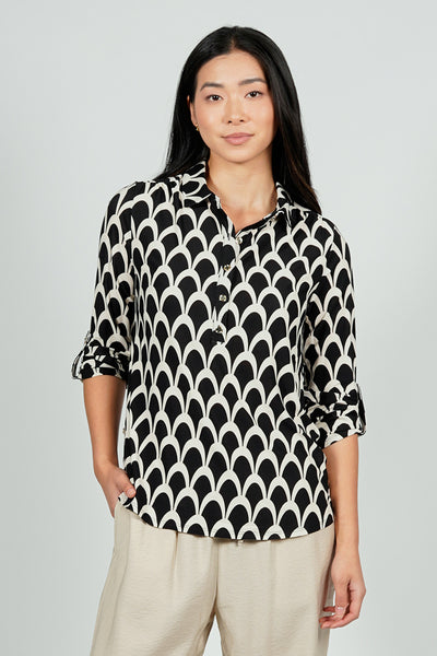 Beechers Brook Patterned Button Down Roll Up Sleeve Blouse - Black - Womens Shirts & Blouses - Fairweather