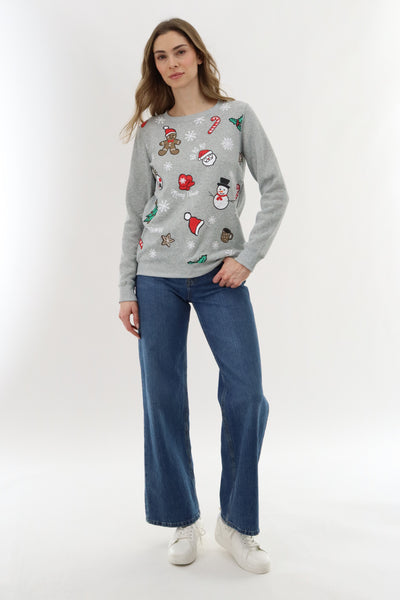 Festive Printed Christmas Sweater - Grey - Womens Christmas Sweaters - Fairweather