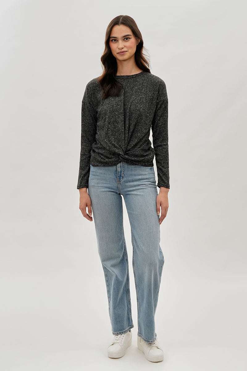 Fahrenheit Front Twist Drop Shoulder Long Sleeve Top - Black - Womens Long Sleeve Tops - Fairweather