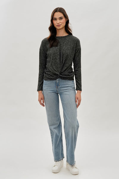 Fahrenheit Front Twist Drop Shoulder Long Sleeve Top - Black - Womens Long Sleeve Tops - Fairweather