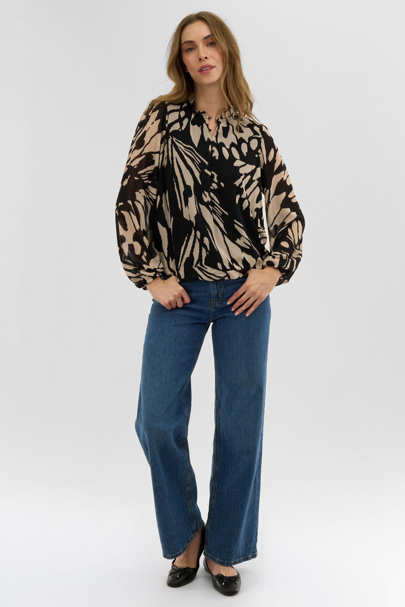 Costa Blanca Patterned Sheer Sleeve Blouse - Black - Womens Shirts & Blouses - Fairweather