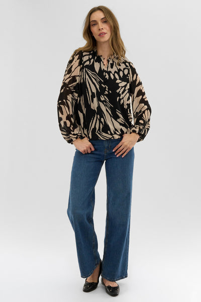 Costa Blanca Patterned Sheer Sleeve Blouse - Black - Womens Shirts & Blouses - Fairweather