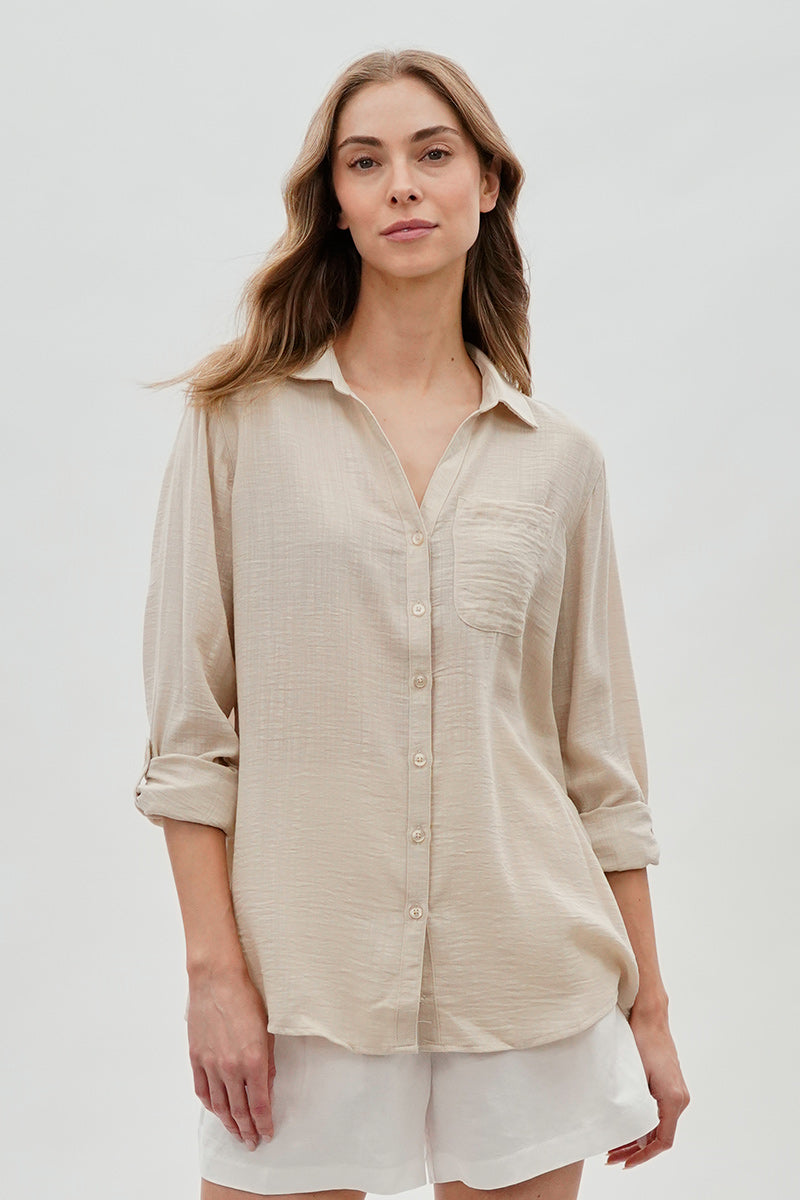 Super Triple Goose Vintage Textured Button Up Shirt - Beige - Womens Shirts & Blouses - Fairweather