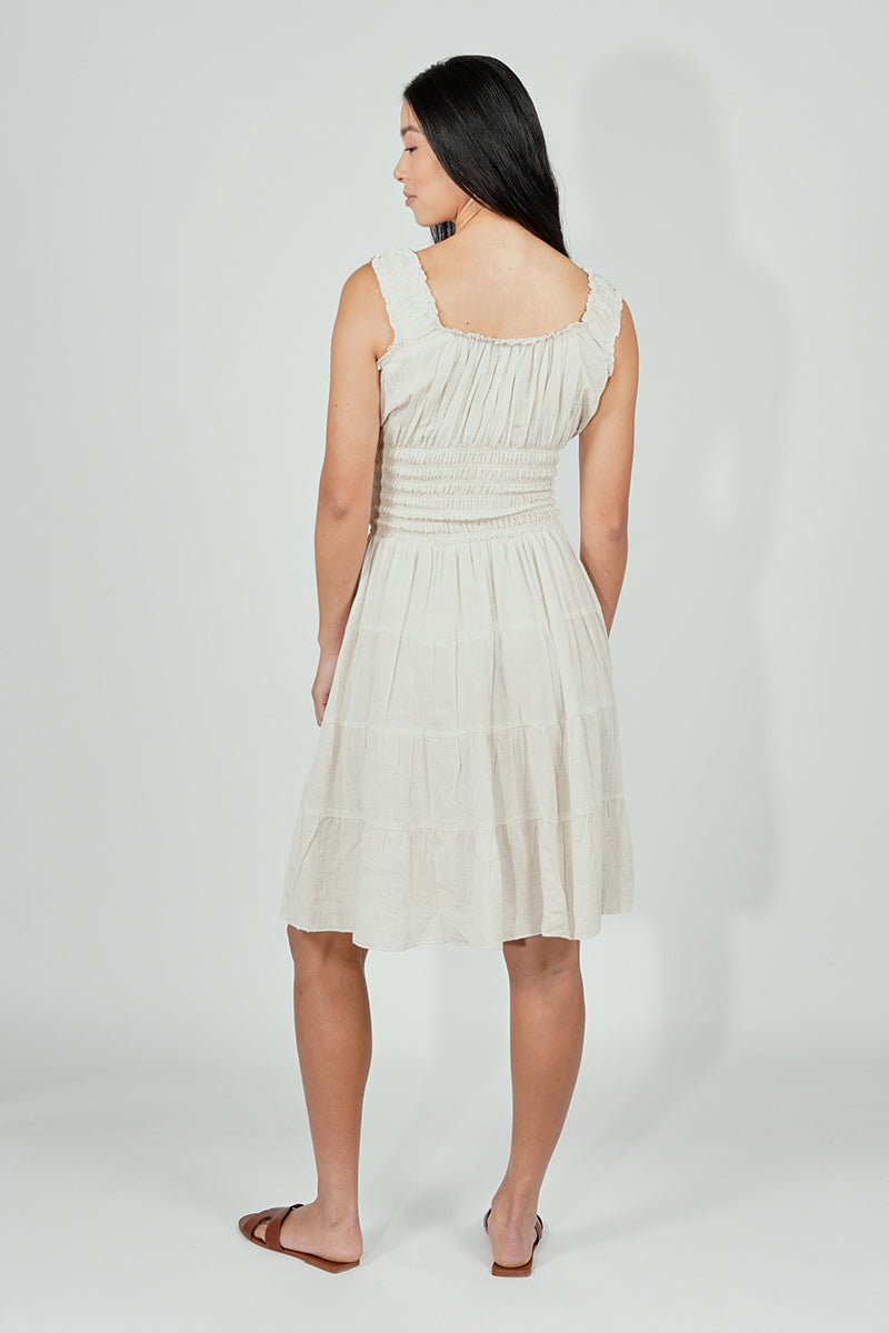 Impress Front Button Smocked Tiered Day Dress - Cream - Womens Day Dresses - Fairweather