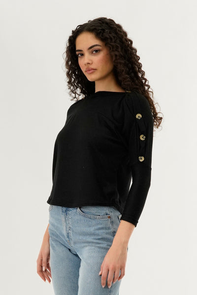 International INC Company Boat Neck Shoulder Button Pullover Sweater - Black - Womens Pullover Sweaters - Fairweather