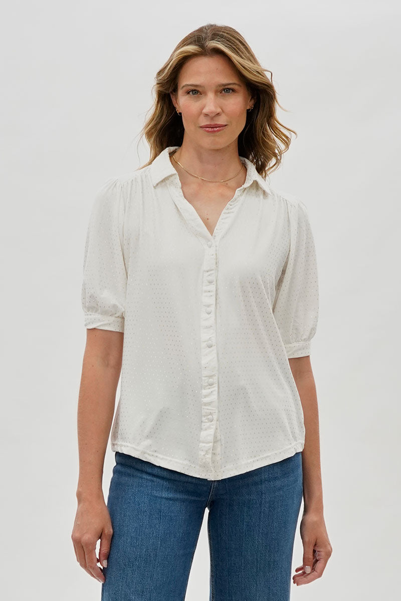 Beechers Brook Patterned Puff Sleeve Button Down Blouse - White - Womens Shirts & Blouses - Fairweather