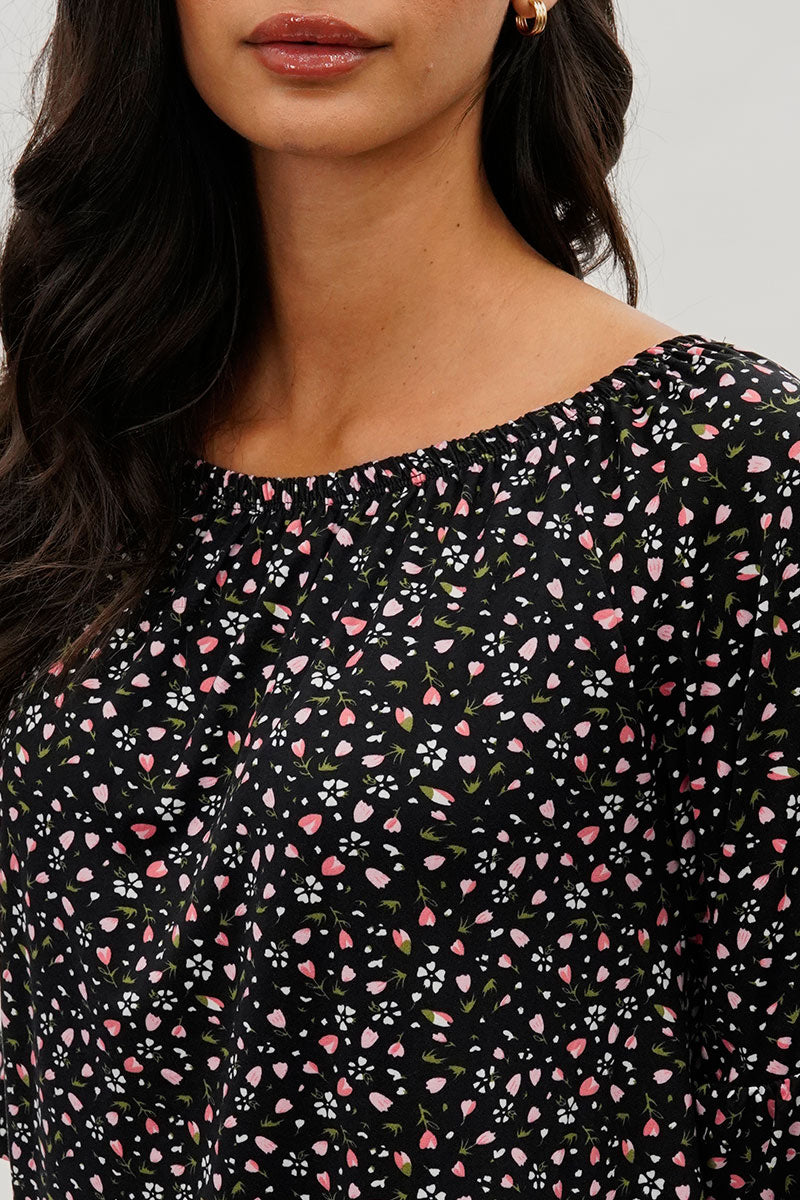 International INC Company Floral Ruffle Hem Blouse - Black - Womens Shirts & Blouses - Fairweather