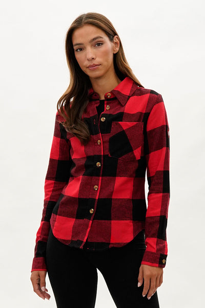 Canada Weather Gear Button Up Flannel Shirt - Red - Womens Shirts & Blouses - Fairweather