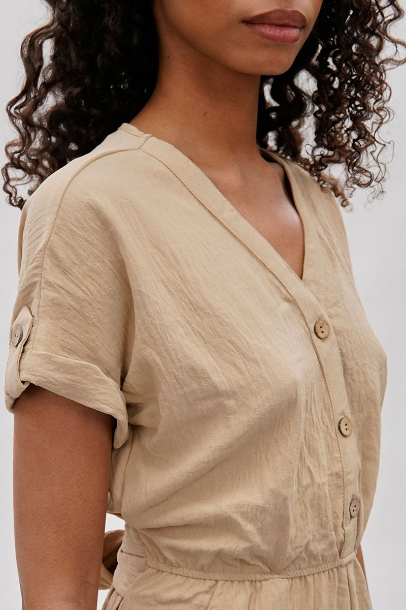 Stylexchange Vintage Back Tie Button Up Romper - Beige - Womens Jumpsuits & Rompers - Fairweather
