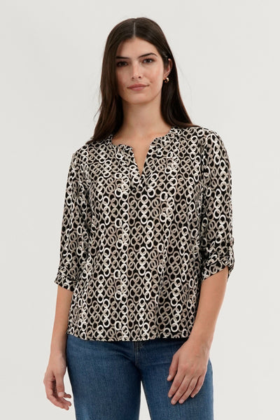 Beechers Brook Patterned Split Neck Blouse - Black - Womens Shirts & Blouses - Fairweather