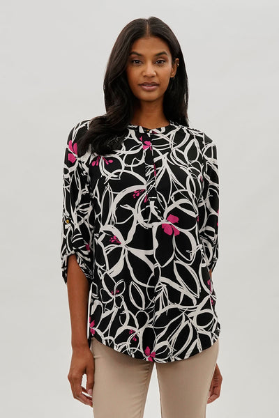 International INC Company Floral Roll Up Sleeve Blouse - Black - Womens Shirts & Blouses - Fairweather