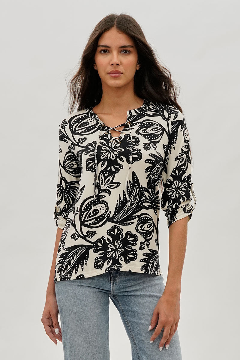International INC Company Floral Lace Up Blouse - Black - Womens Shirts & Blouses - Fairweather