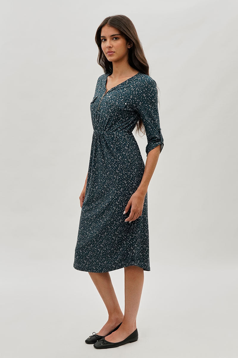 International INC Company Floral Front Zip Midi Dress - Teal - Womens Midi Dresses - Fairweather