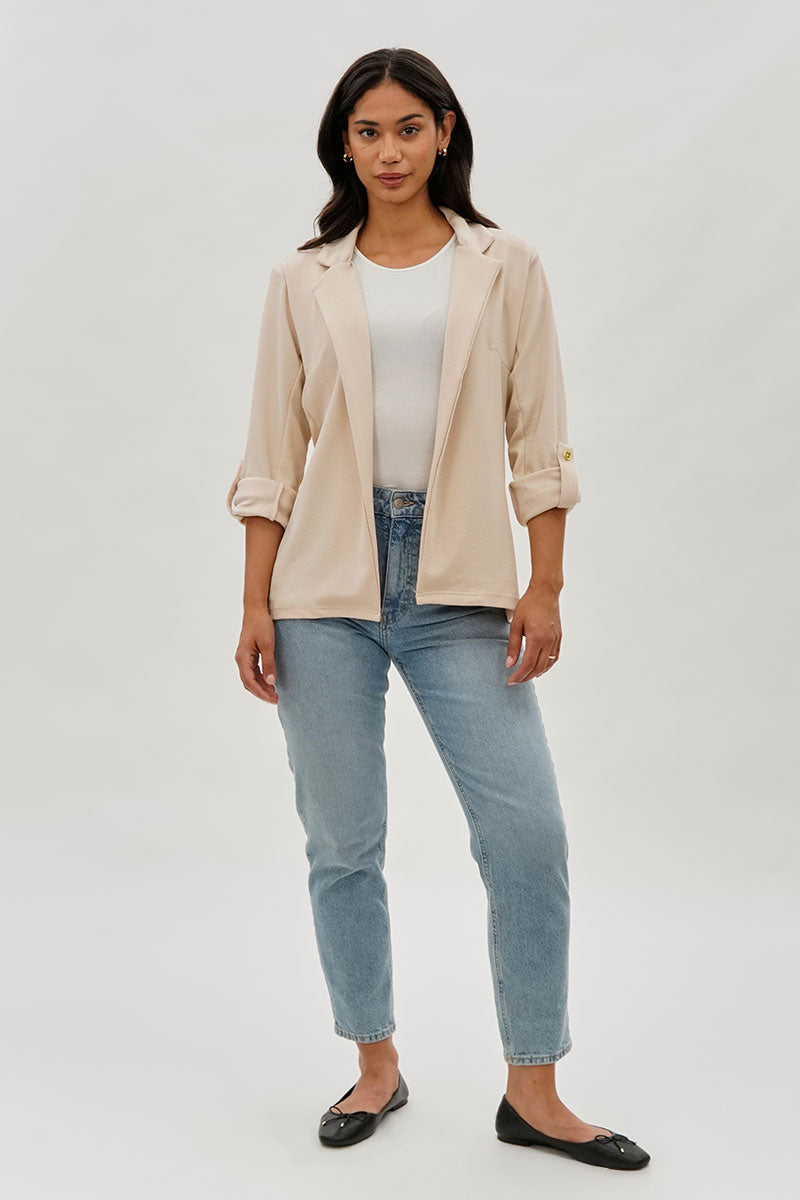Majora Roll Up Sleeve Open Blazer - Cream - Womens Blazers - Fairweather