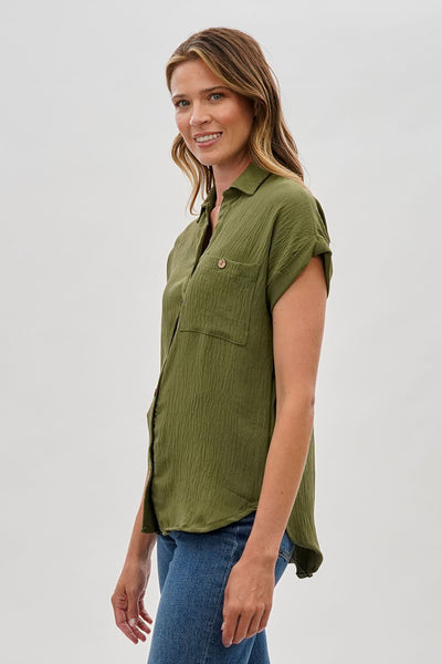 Sylexchange Vintage Short Sleeve Button Down Shirt - Olive - Womens Shirts & Blouses - Fairweather