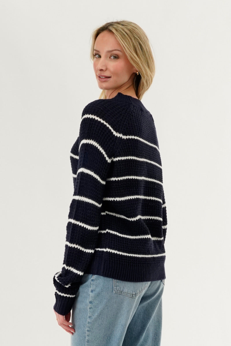 International INC Company Striped Knit Crewneck Pullover Sweater - Navy - Womens Pullover Sweaters - Fairweather