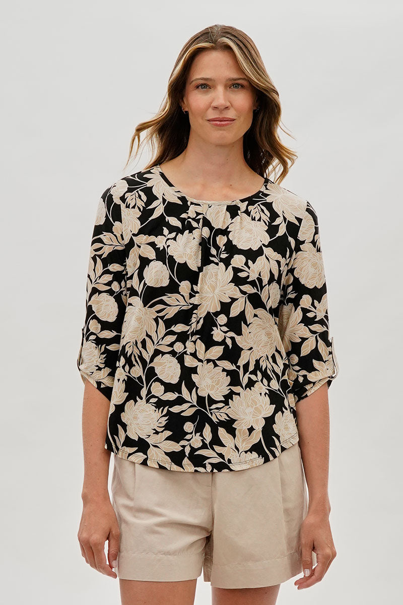 Beechers Brook Floral Roll Up Sleeve Blouse - Black - Womens Shirts & Blouses - Fairweather