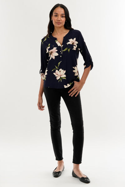 International INC Company Floral Split Neck Blouse - Navy - Womens Shirts & Blouses - Fairweather