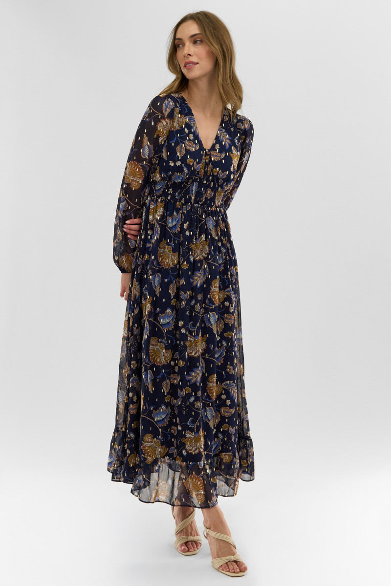 Costa Blanca Floral Long Sleeve Chiffon Maxi Dress - Navy - Womens Maxi Dresses - Fairweather