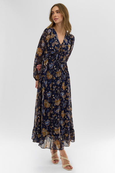 Costa Blanca Floral Long Sleeve Chiffon Maxi Dress - Navy - Womens Maxi Dresses - Fairweather