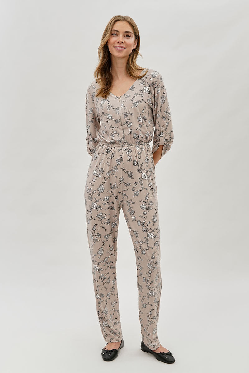 International INC Company Floral Print Half Zip Jumpsuit - Beige - Womens Jumpsuits & Rompers - Fairweather