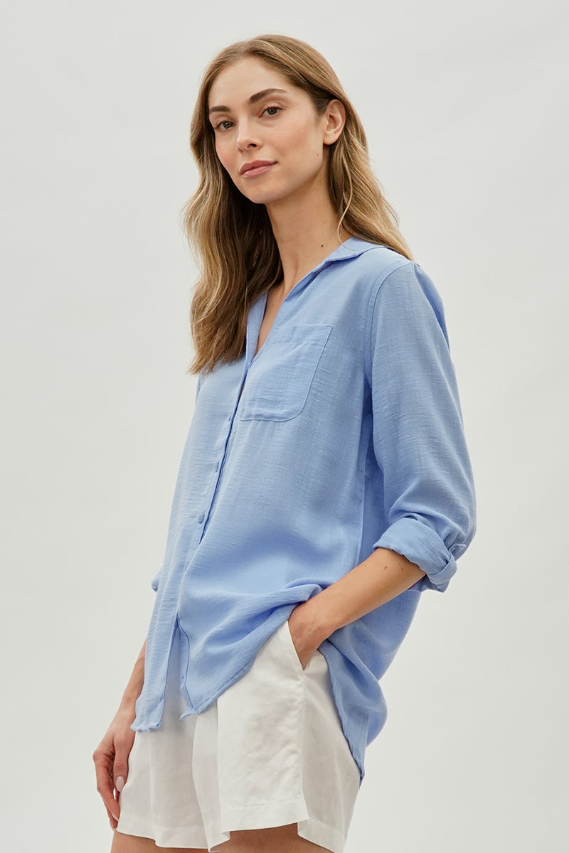 Super Triple Goose Vintage Textured Button Up Shirt - Blue - Womens Shirts & Blouses - Fairweather