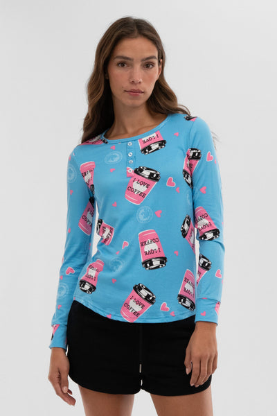 Canada Weather Gear Coffee Print Henley Pajama Top - Blue - Womens Pajamas - Fairweather
