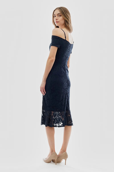 Costa Blanca Lace Off Shoulder Side Slit Cocktail Dress - Navy - Womens Cocktail Dresses - Fairweather