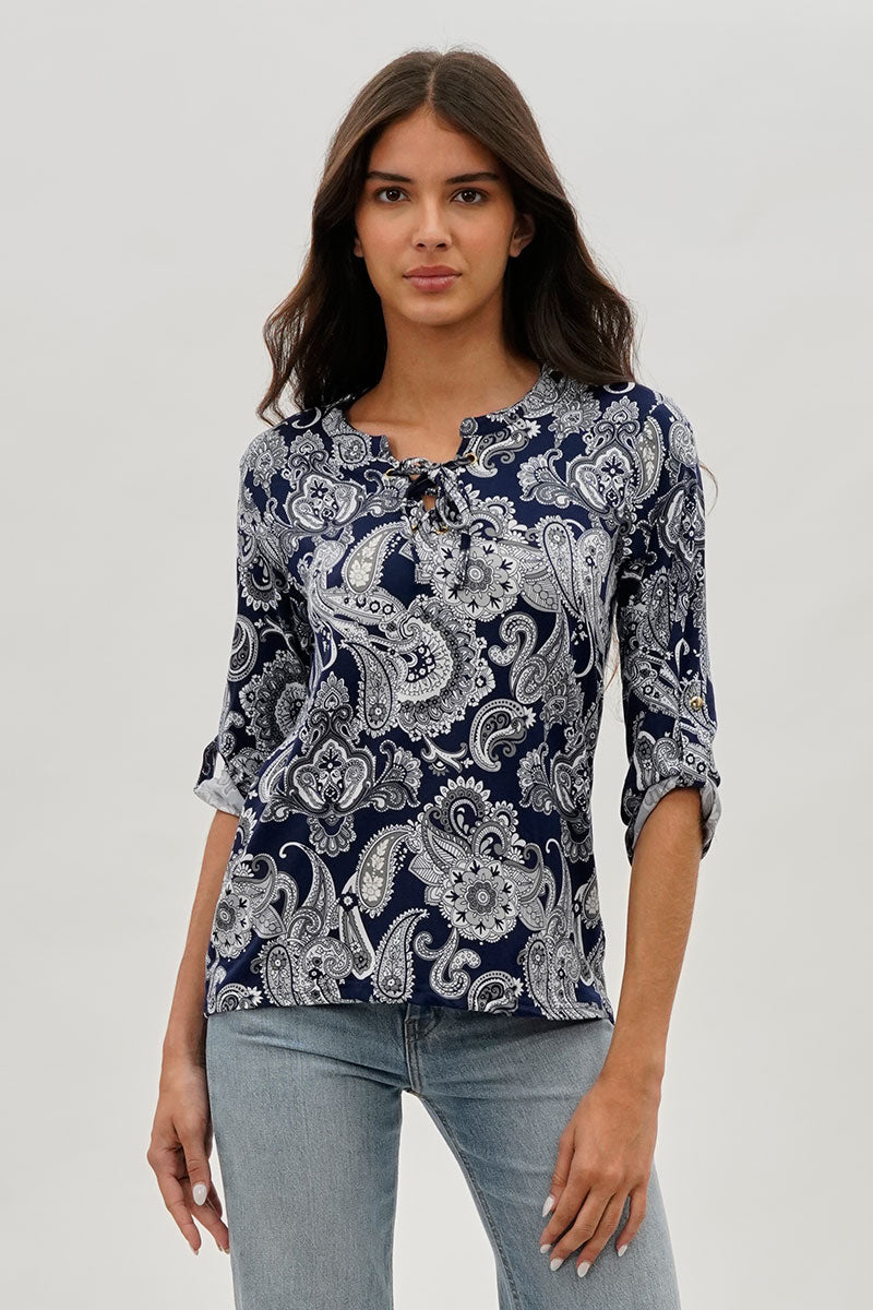 International INC Company Paisley Print Lace Up Blouse - Navy - Womens Shirts & Blouses - Fairweather