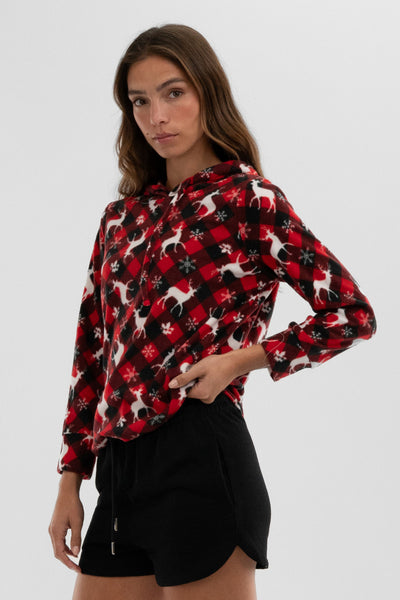 Canada Weather Gear Festive Print Hooded Pajama Top - Red - Womens Pajamas - Fairweather