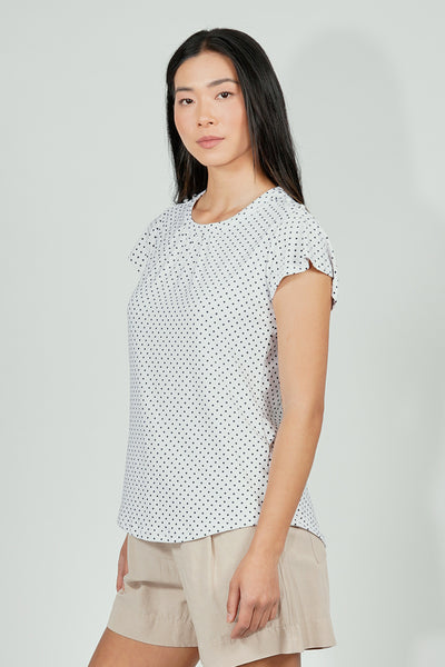 International INC Company Polka Dot Short Sleeve Cinched Collar Blouse - White - Womens Shirts & Blouses - Fairweather