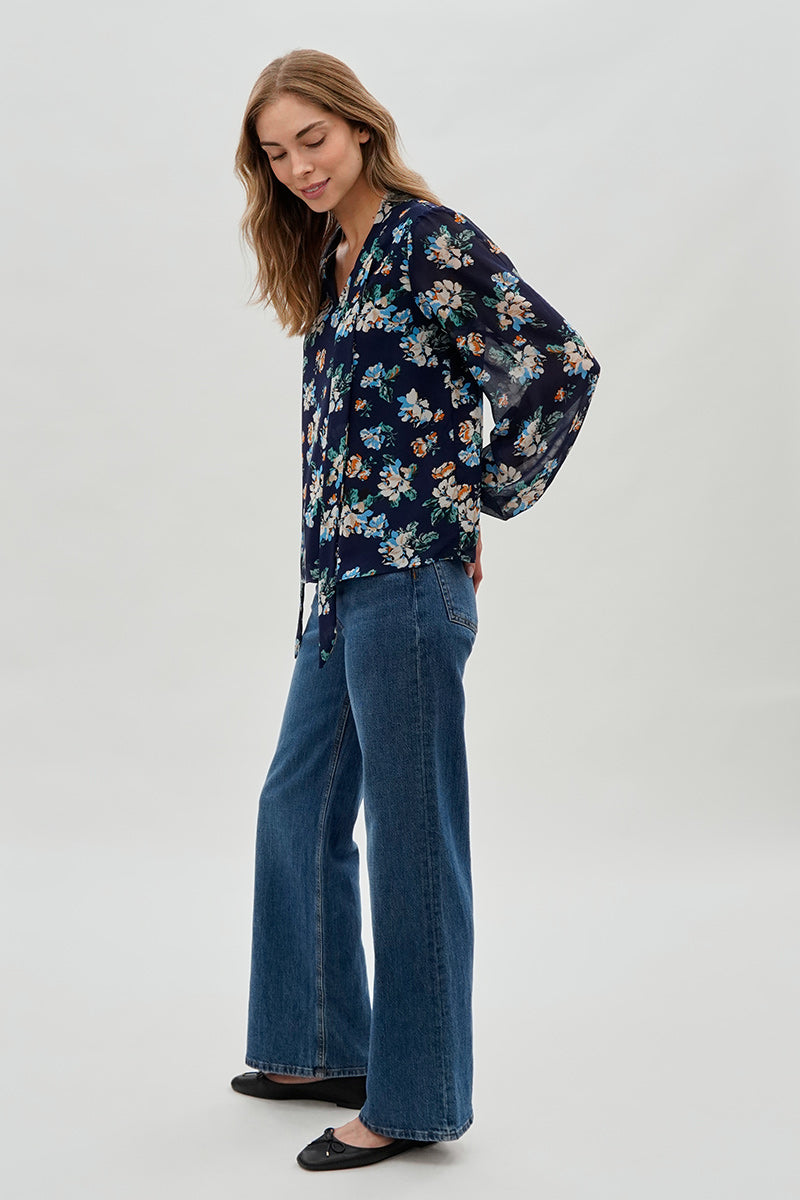 Beechers Brook Floral Tie-Neck Chiffon Blouse - Navy - Womens Shirts & Blouses - Fairweather