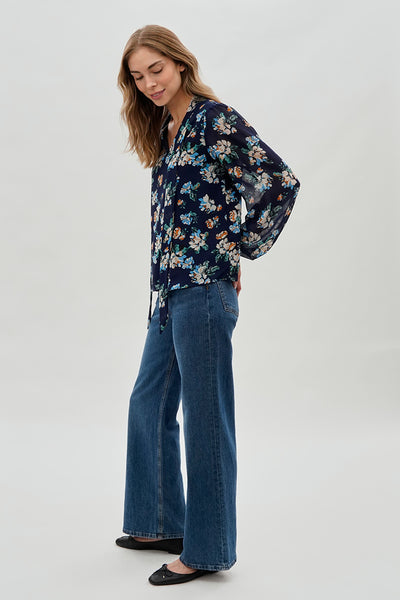 Beechers Brook Floral Tie-Neck Chiffon Blouse - Navy - Womens Shirts & Blouses - Fairweather