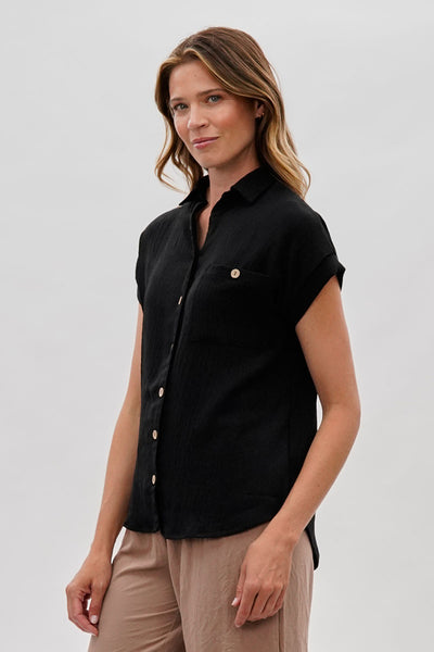 Sylexchange Vintage Short Sleeve Button Down Shirt - Black - Womens Shirts & Blouses - Fairweather