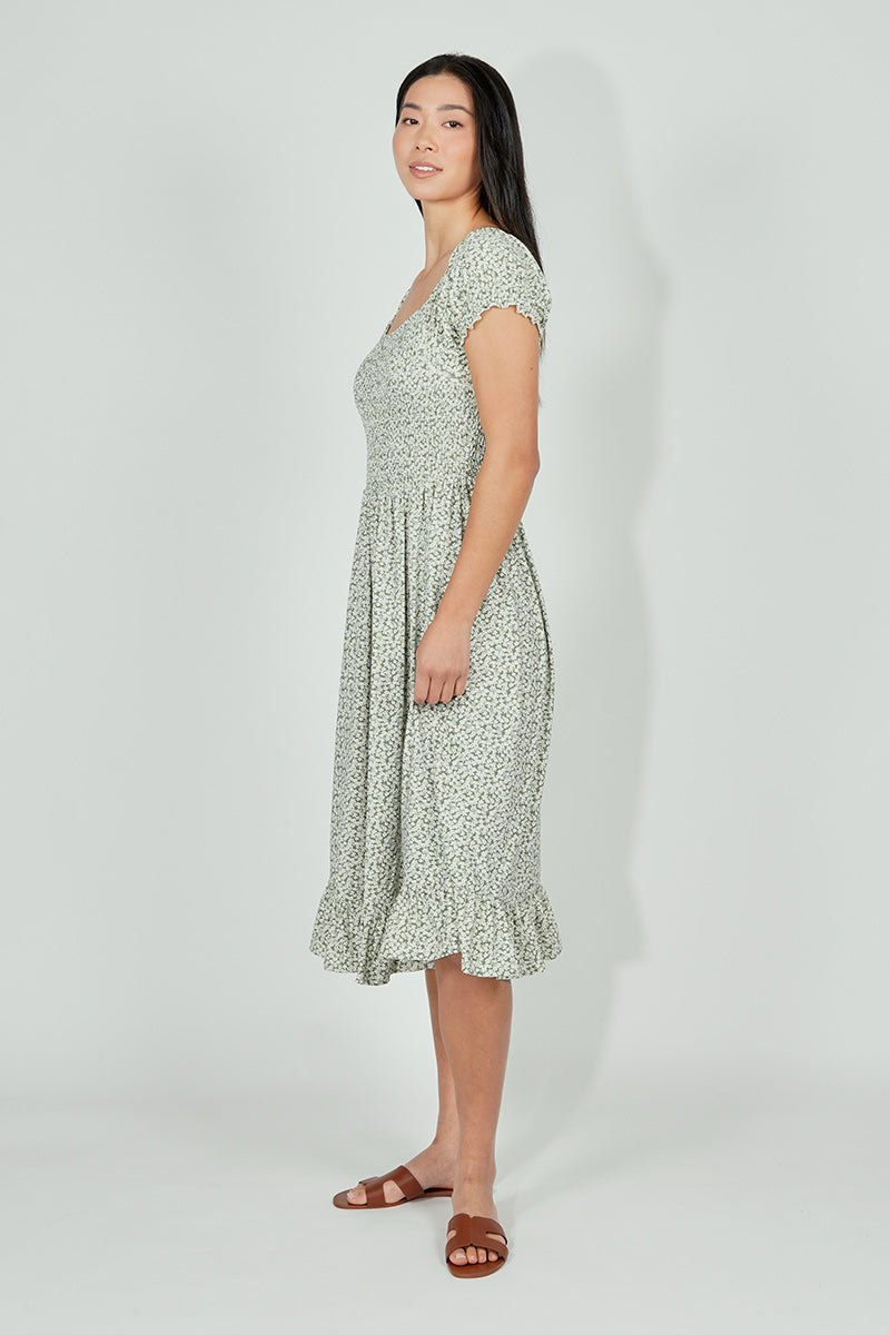 Beechers Brook Floral Short Sleeve Tiered Midi Dress - Olive - Womens Midi Dresses - Fairweather
