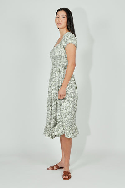 Beechers Brook Floral Short Sleeve Tiered Midi Dress - Olive - Womens Midi Dresses - Fairweather