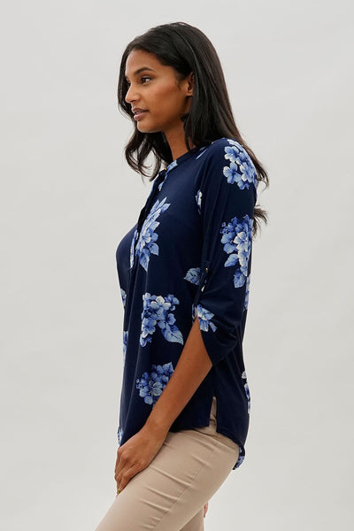 International INC Company Floral Roll Up Sleeve Blouse - Navy - Womens Shirts & Blouses - Fairweather