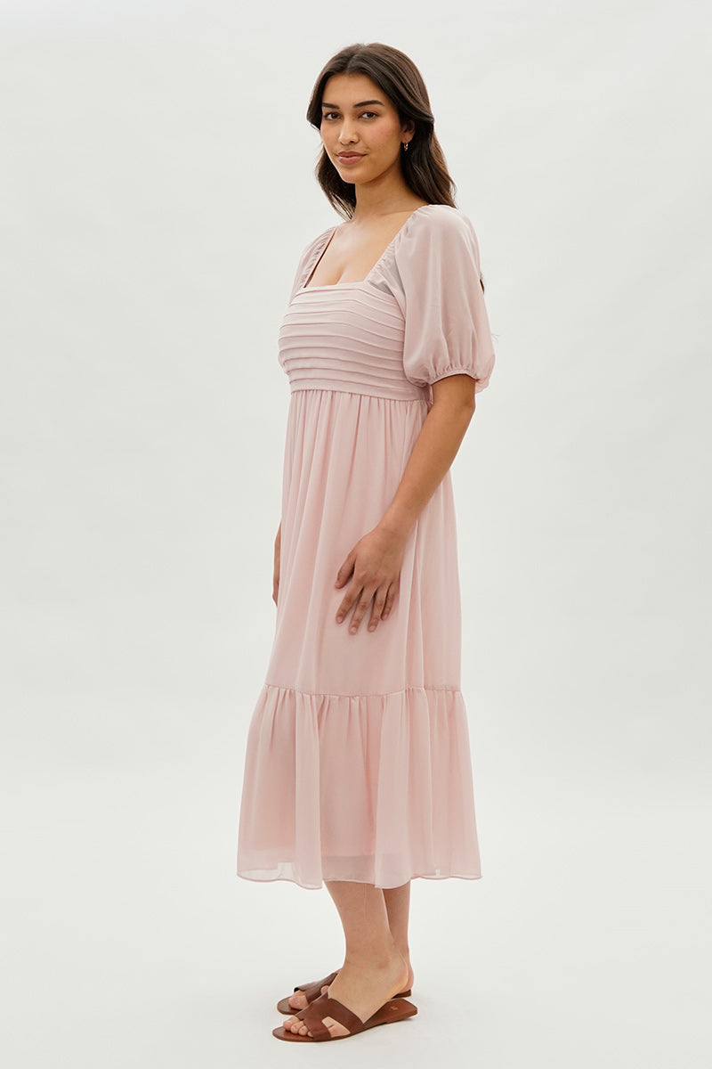 blush pink midi dress with sleeves Pleated Puff Sleeve Midi Dress
