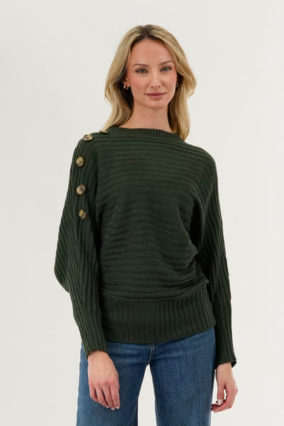 International INC Company Ribbed Button Detail Pullover Sweater - Olive - Womens Pullover Sweaters - Fairweather