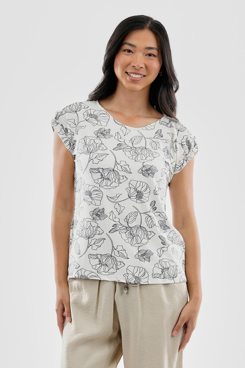 Beechers Brook Floral Cap Sleeve Back Slit Tee - White - Womens Tees & Tank Tops - Fairweather