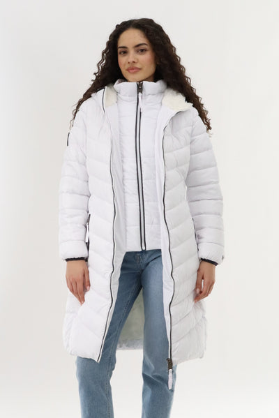 Canada Weather Gear Long Double Zip Chevron Quilted Parka Jacket - White - Womens Parka Jackets - Fairweather
