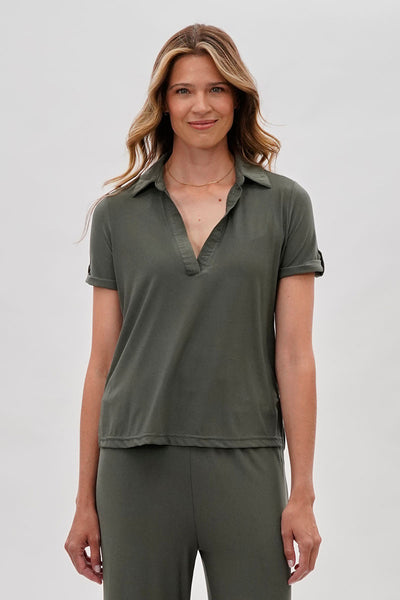 Costa Blanca Short Sleeve Split Neck Blouse - Olive - Womens Shirts & Blouses - Fairweather