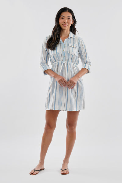 Beechers Brook Striped Roll Up Sleeve Flap Pocket Day Dress - Blue - Womens Day Dresses - Fairweather