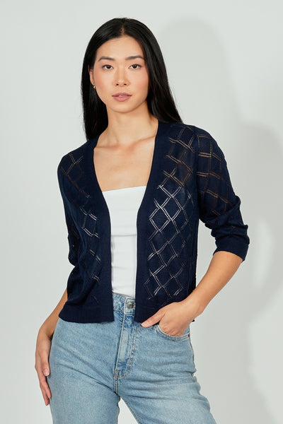 Beechers Brook Diamond Knit 3/4 Sleeve Open Cardigan - Navy - Womens Cardigans - Fairweather