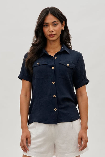 Stylexchange Vintage Button Down Short Sleeve Shirt - Navy - Womens Shirts & Blouses - Fairweather