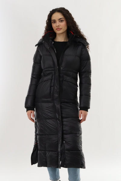 Canada Weather Gear Long Shiny Quilted Parka Jacket - Black - Womens Parka Jackets - Fairweather