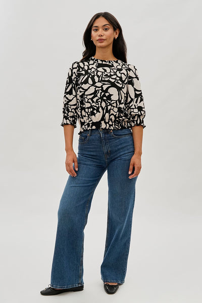 Runaway Bay Printed Smocked Hem Blouse - Black - Womens Shirts & Blouses - Fairweather
